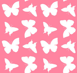 Fototapeta na wymiar Vector seamless pattern of white butterfly silhouette isolated on pink background