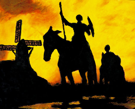 Don Quixote and Sancho Panza mounted, original artwork of false knight: riding on horse and mule in the dutch landscape with windmill. Yellow and orange sunset background in the sky
