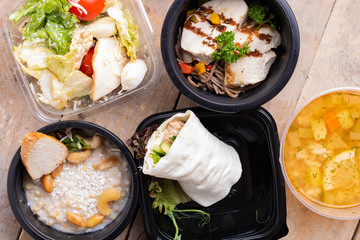 Healthy food in box. Fresh box . lifestyle, day meal plan. Wooden table, top view