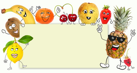Fruits with cartoon character hold a sign