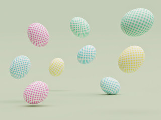 Easter eggs with beautiful patterns randomly floating in the air with a light green aqua background