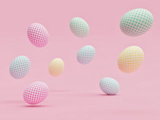 Easter eggs with beautiful patterns randomly floating in the air with a pink background