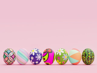 Easter Eggs with beautiful and colorful patterns aligned in front a pink background