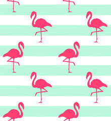 Vector seamless pattern of hand drawn doodle sketch flamingo silhouette isolated on mint stripped background