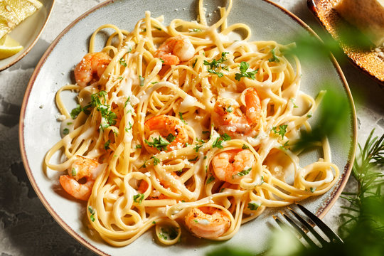 Plate of Italian spaghetti with fresh scampi