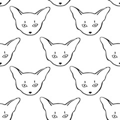 Seamless pattern with Abyssinian cat. Linear black drawing of kitten. Art can be used for wallpaper, background, print.