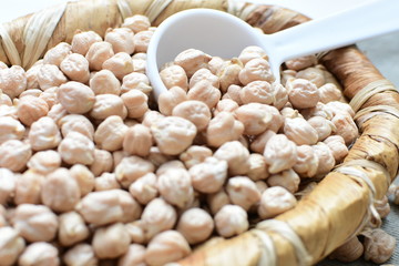 Dried chickpeas (Cicer arietinum) in containers