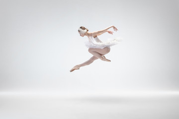 Flying bird. Graceful classic ballerina dancing isolated on white studio background. Woman in tender clothes like a white swan characters. The grace, artist, movement, action and motion concept. © master1305