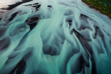 Drone photograph of a glacial river system in the south of Iceland.