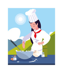 woman cooking, chef in white uniform