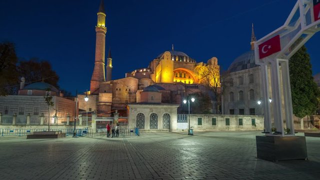 Hagia Sophia day to night transition timelapse hyperlapse, Christian patriarchal basilica, imperial mosque and now a museum, Istanbul, Turkey