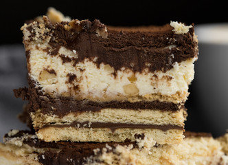 Cake with nuts, cocoa and chocolate cream visible layers of cake close-up shot delicious homemade coffee snack
