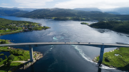 Saltstraumen bridge near Bodo in Norway. Norwegian summer landscape, stream view with whirlpools...