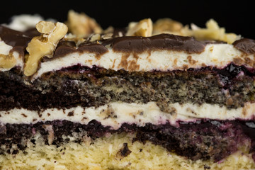 Close-up of poppy seed cake with plum jam, visible layers of cake, delicious snack prepared at home
