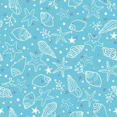 Vector texture sea shell pattern, underwater summer mood, star fish, shell on textured beachy background. Costal design for your perfect holiday. Nature background. Print, fabric, stationary.