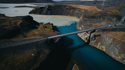 First bridge, Way towards Landmannalaugar on route F208. Aerial view, approaching a bridge over a glacier river in Iceland next to Sigöldustöð Power station.