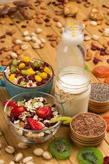 Muesli balanced protein breakfast. Fruits, berries  seeds, nuts. Coconut beverage and yogurt