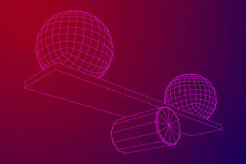 Simple seesaw scales weighing big and small abstract spheres. Balance, comparison and equality concept. Wireframe low poly mesh vector illustration