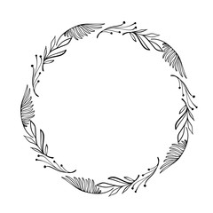 Hand drawn vector frame. Floral wreath with leaves for wedding and holiday. Decorative elements for design. Isolated