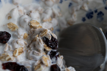 Close up of oat flakes with cranberry and natural yogurt in a bowl, delicious and healthy breakfast for people on a diet