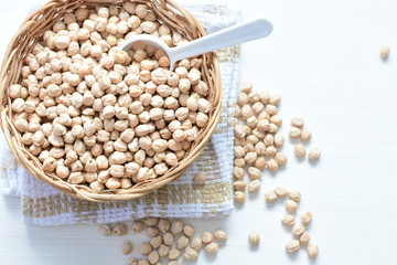 Dried chickpeas (Cicer arietinum) in containers