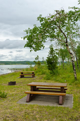 Picnic table at Green Lake in British Columbia, Canada.