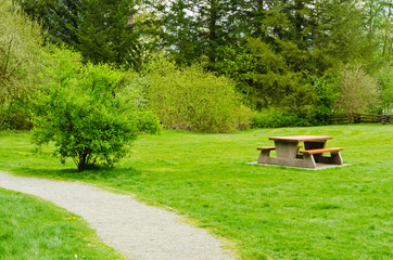 A picnic table at Derby Reach Regional Park, British Columbia, Canada.