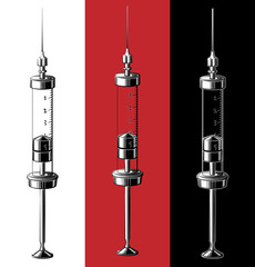 Glass syringe vector illustration in black and white. Hand drawn vintage syringe in ink.
