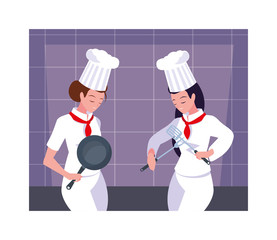 beautiful women cooking, chef in white uniform