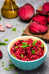 Obraz na płótnie Canvas Healthy Eating. Vegetarian Brunch. Beetroot , Parsley and Groats in Bowl