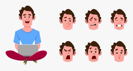 casual cartoon man character sitting on the floor and working in a laptop