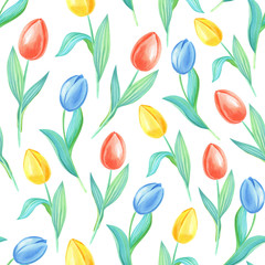 Watercolor spring seamless pattern with Yellow,red,blue tulips.Flowers on a white background