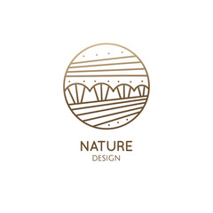 Vector logo of nature elements in linear style. Linear icon of landscape with trees, river, fields