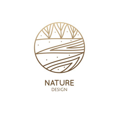 Vector logo of nature elements in linear style. Linear icon of landscape with trees, river, fields or lake