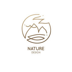 Vector abstract logo of nature. Linear round icon of simple landscape with mountain, river, sun. Minimal logotype