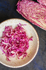 healthy salad chinese cabbage Red Napa (delicious portion diet) menu keto or paleo concept background. top view. copy spaces