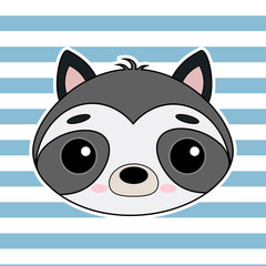Cute little raccoon vector image on striped background. An animal with big eyes. Postcard, print, banner, holiday, children's illustration.