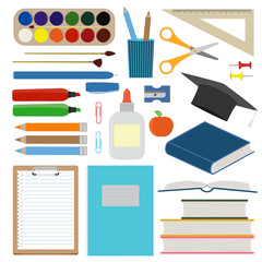 Large set of school supplies. Back to school vector flat illustration. Collection of stationery for card, poster, teacher's day, knowledge, graduation. Cartoon icons of school tools. Isolated elements