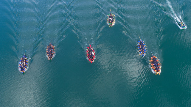 Aerial view of traditional boats race on Bacina lakes in Dalmatia, Croatia.