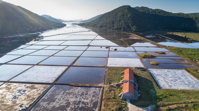 Aerial view of Ston saltworks in Dalmatia, Croatia.