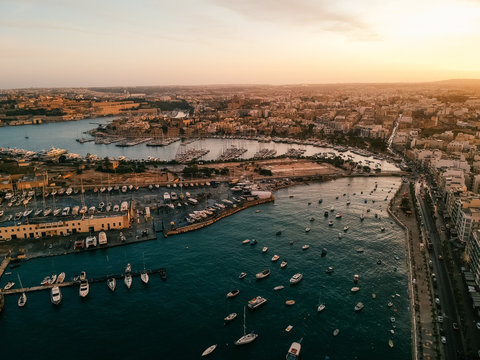Aerial view of boats on the shore of the coast, Sliema, Malta