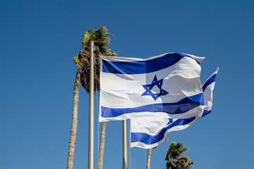 Israeli flags flying against a blue sky