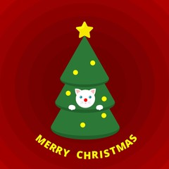 Cute white cat on Christmas tree on red background