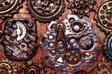 Molten colored gears and shiny elements. Flexible Steampunk background.