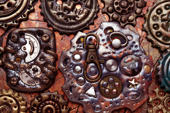 Molten colored gears and shiny elements. Flexible Steampunk background.
