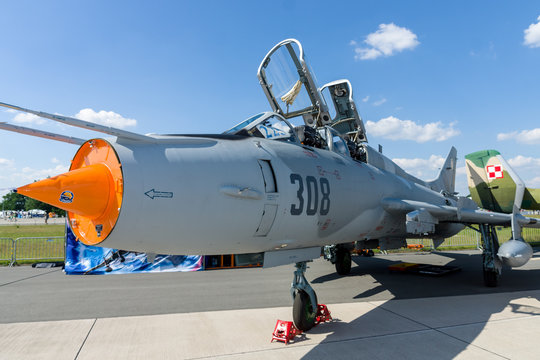 BERLIN, GERMANY - JUNE 03, 2016: Fighter-bomber Sukhoi Su-22UM3K. Polish Air Force. Exhibition ILA Berlin Air Show 2016