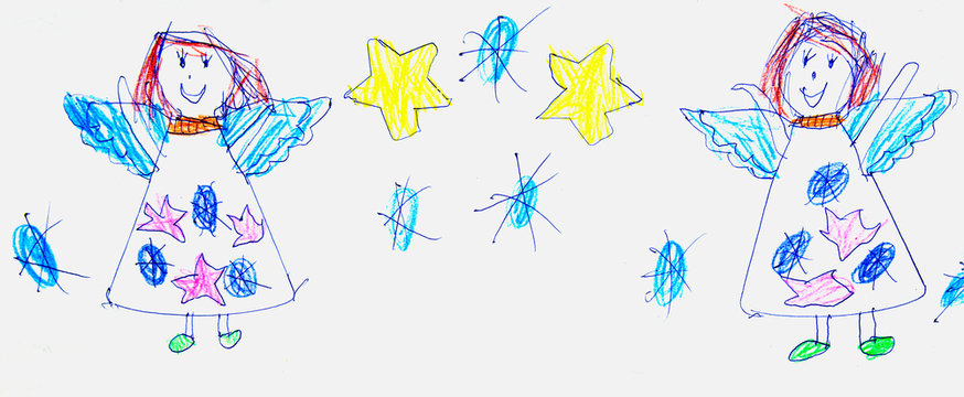 Funny angels through the eyes of a child. Photo of child's drawing.