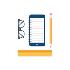 Learning Tools set. Online Education illustration Concept with tools, eyeglass, mobile, pencil, ruler. School Tools in clear board.