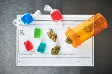 Overhead view of medical marijuana with gummy bears and hard candy with a doctor's prescription