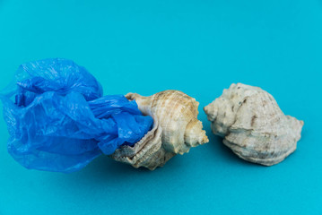 Obraz na płótnie Canvas Plastic pollution in ocean concept. Carrier bags in sea shell. Shellfish in bad ecology concept.